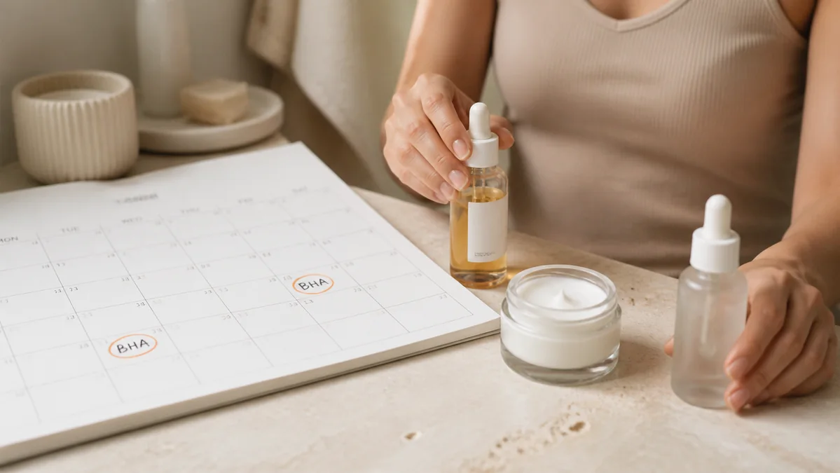 Woman planning separate chemical exfoliation nights beside two unbranded serum bottles and moisturizer.