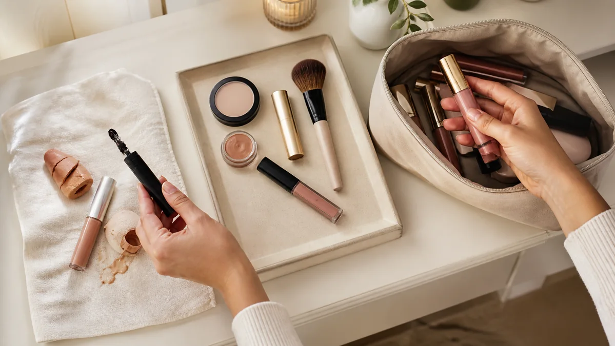 Hands sorting an old mascara, damaged sponge, leaking product, and a compact everyday makeup set beside an open bag.