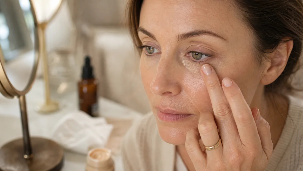 Close view of a woman tapping a small amount of concealer under one eye with natural fine lines visible.