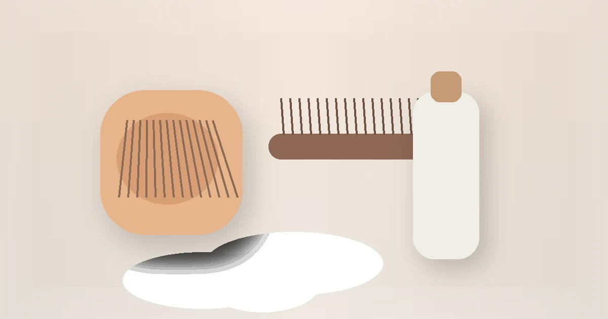 Curly Hair Wash Routine for Beginners guide visual with a hair brush, comb, and wash-day tools.
