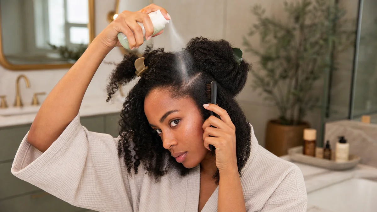 Woman applying a controlled amount of dry shampoo to sectioned curly hair at the roots.