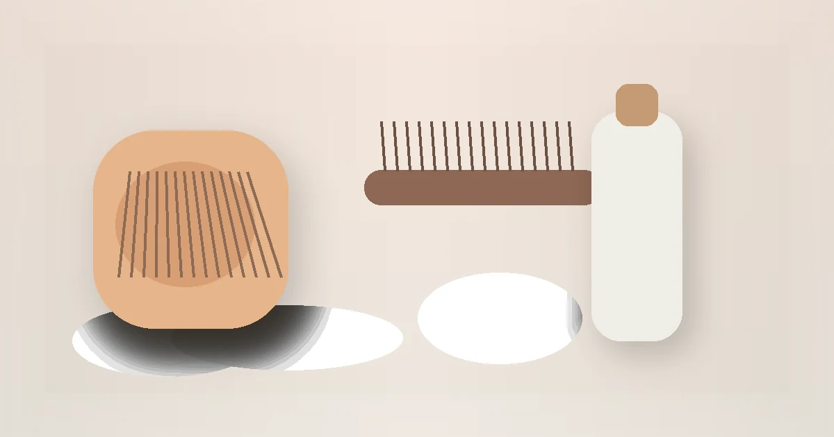 Frizzy Hair Routine for Beginners guide visual with a hair brush, comb, and wash-day tools.