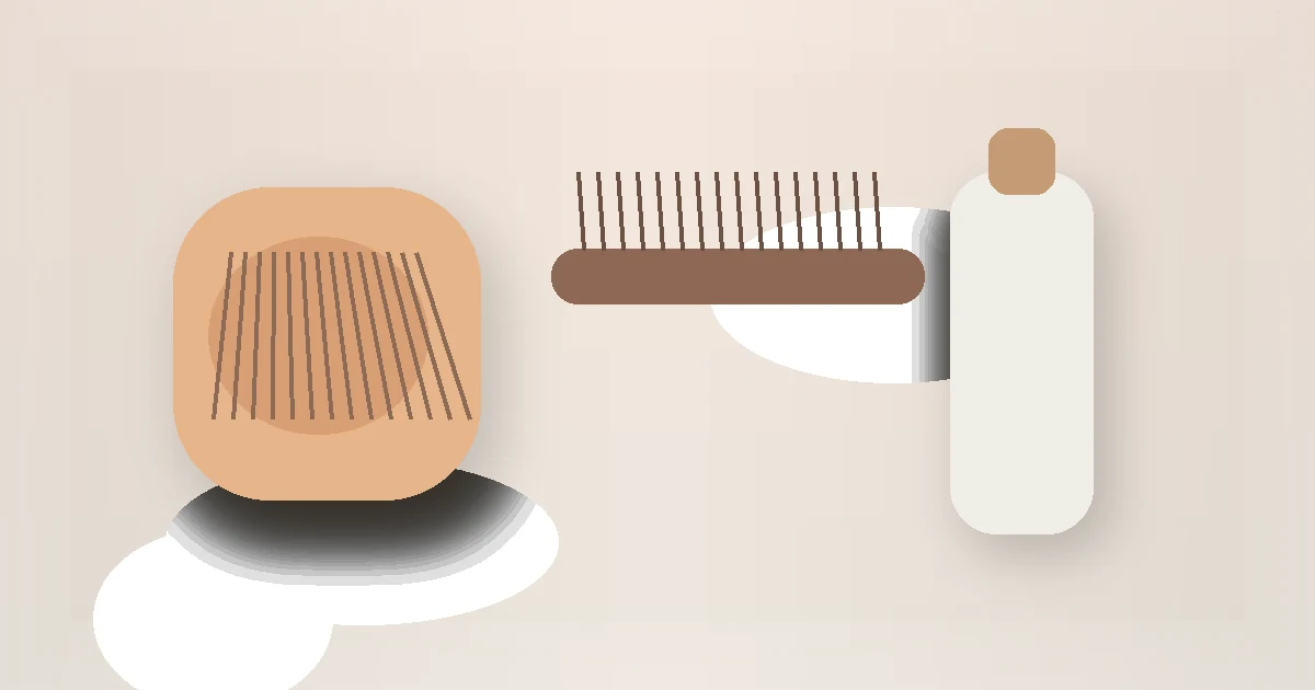 Hair Wash Routine for Beginners guide visual with a hair brush, comb, and wash-day tools.