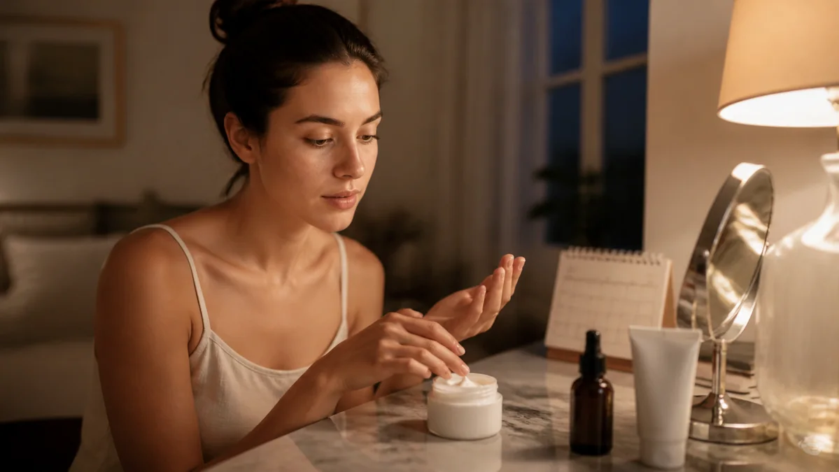 Woman applying moisturizer beside an amber retinol bottle during a simple evening routine.