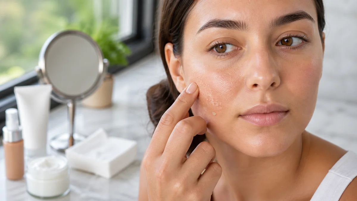 Close view of a woman lifting small rolled skincare crumbs from one cheek before makeup.