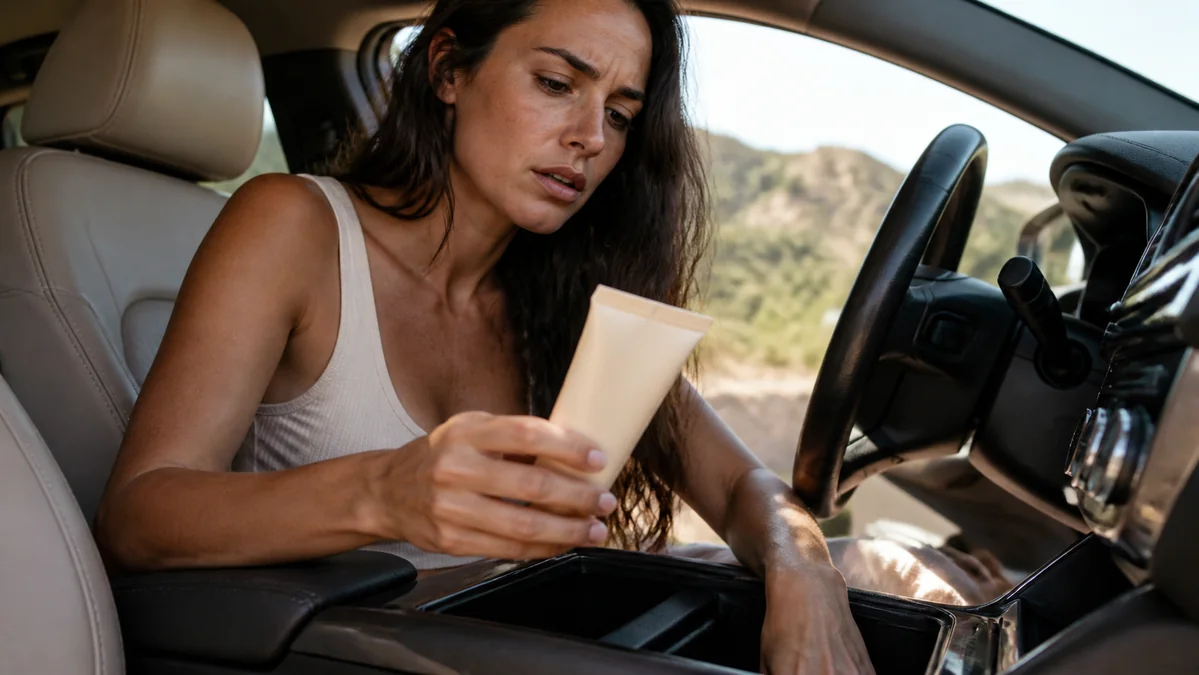 Driver inspecting an unbranded sunscreen tube retrieved from a hot car console.