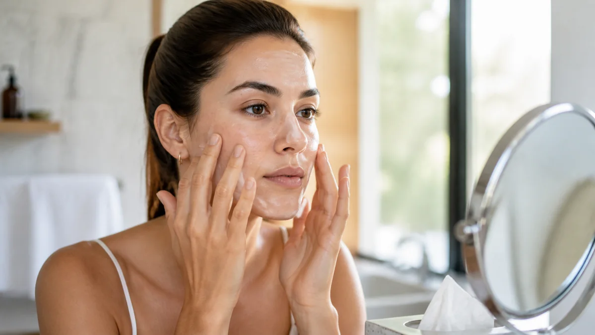 Woman applying a thin sunscreen layer to her face while keeping it away from the eyelids.